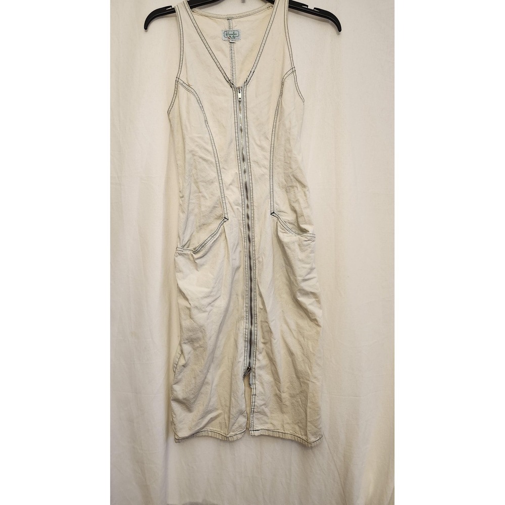 Benetton Dress XS 38 Ivory Zip Front Pinafore Utility Pockets Italy Y2K‎ read